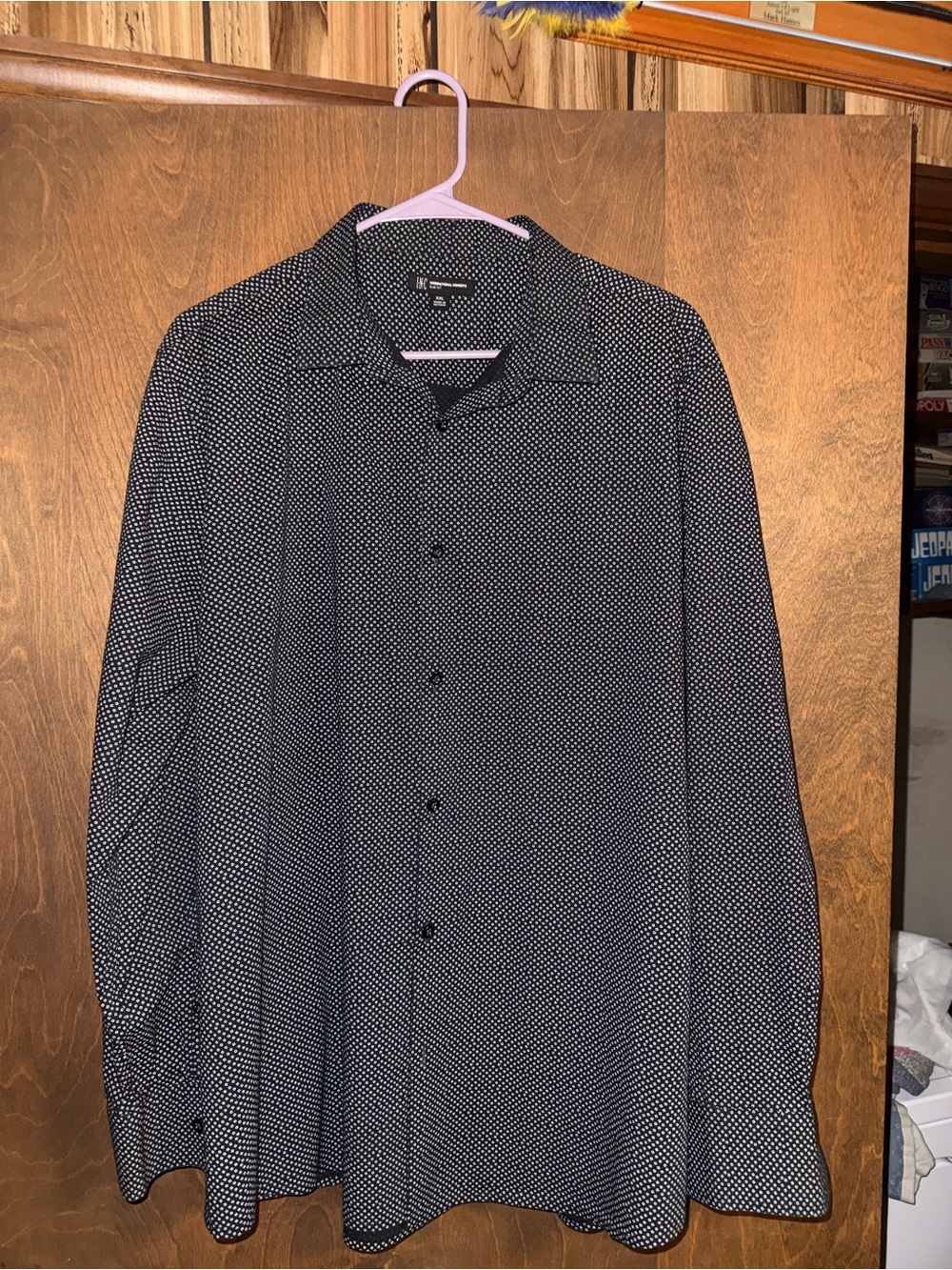 INC International Concepts Black Shirt with White Dot Microprint